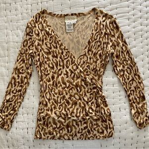 CACHE Leopard Print Cross-Front Silk Blouse Size S